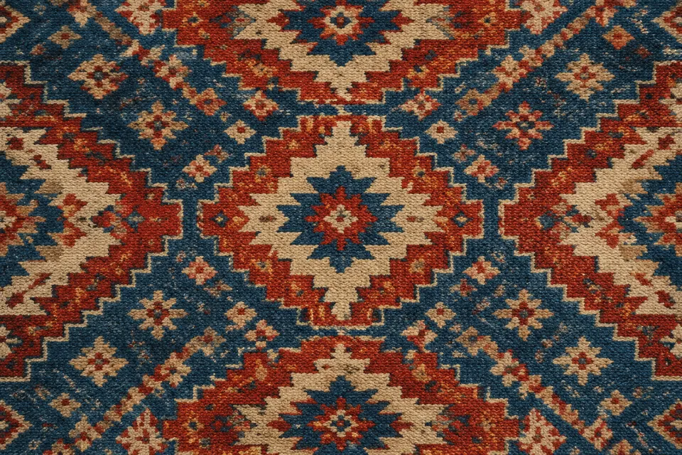 Balık sırtı dokusu görünen kırmızı, mavi ve fildişi sumak kilim yakın plan