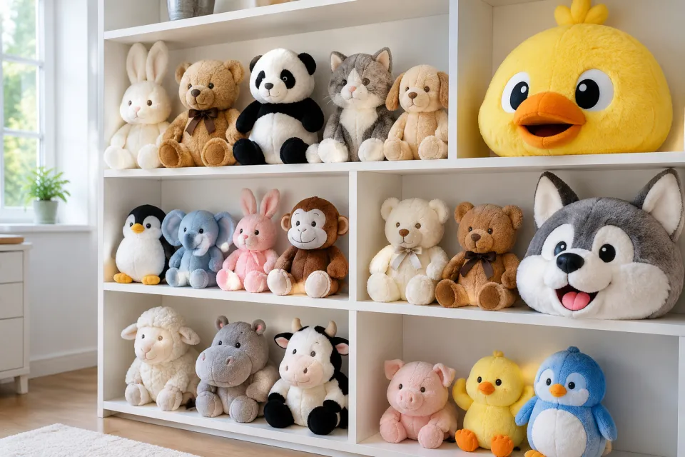Beyaz raflarda dizili temiz peluş oyuncaklar ve büyük maskot başı