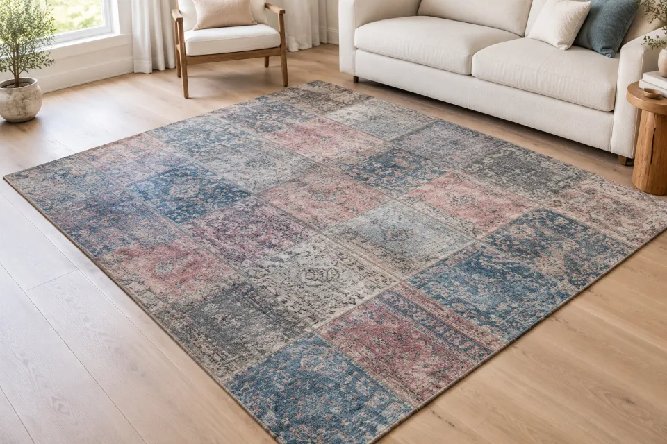 Mavi, gül kurusu ve gri parçalardan oluşan vintage patchwork halı