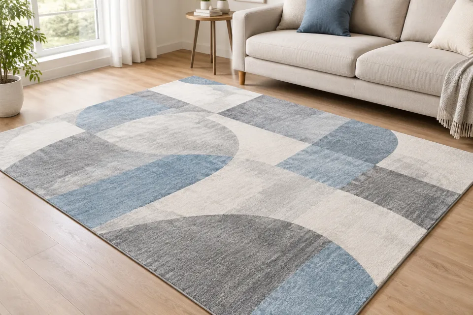 Gri, krem ve açık mavi geometrik desenli modern makine halısı