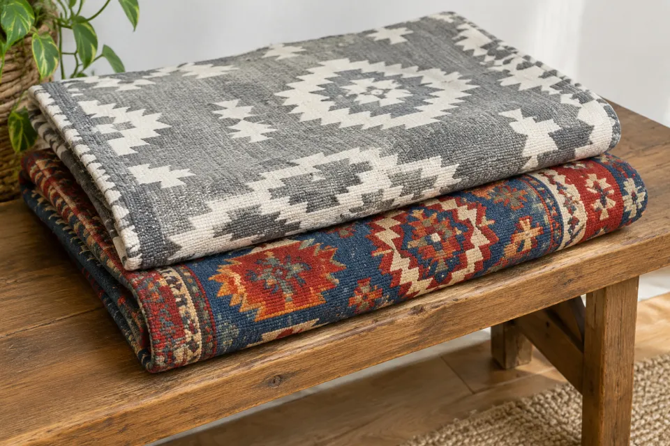 Ahşap bank üzerinde katlanmış makine kilimi ve el dokuma kilim