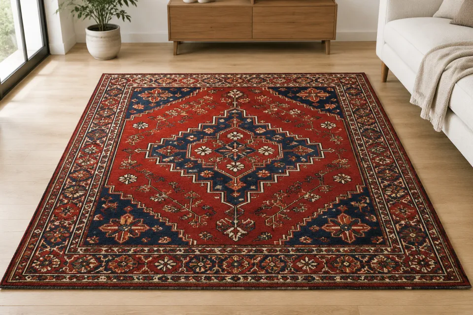 Kırmızı ve lacivert geometrik madalyonlu Yahyalı halısı